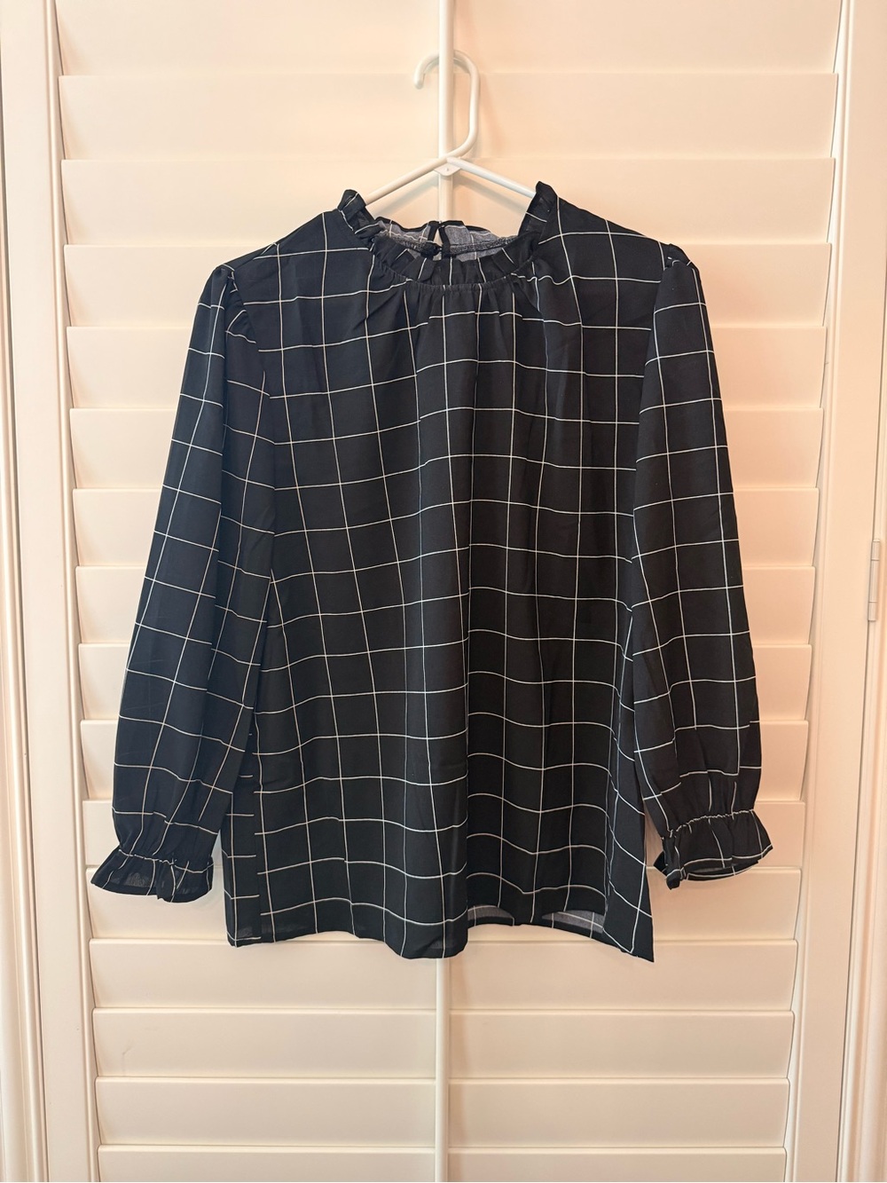 Amazon Black Windowpane Ruffle-Neck Long Sleeve Blouse